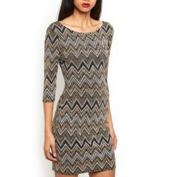 Derek Heart Dress Womens Form Fitting Aztec 3/4 Sleeve V Neck Mini Large - Picture 1 of 8